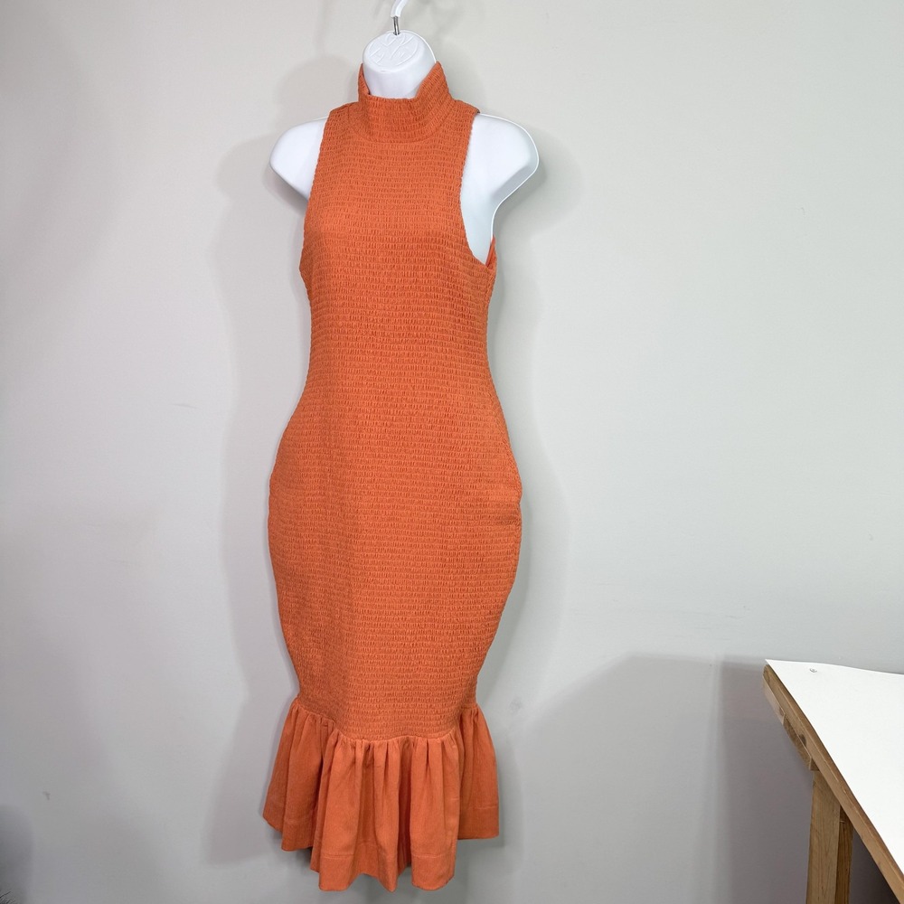 Anthropologie Smocked Ruffle Hem Dress Womens Medium Orange Mock Neck Midi